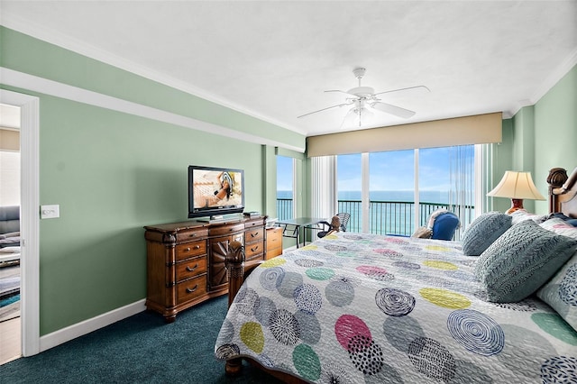 3315 S Atlantic Ave Unit 1605, Daytona Beach Shores, FL 32118 - bedroom featuring access to outside, dark colored carpet, ornamental molding, and a ceiling fan