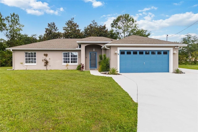 5 Bird Of Paradise Pl, Palm Coast, FL 32137 - ranch-style house with stucco siding, driveway, a garage, and a front lawn