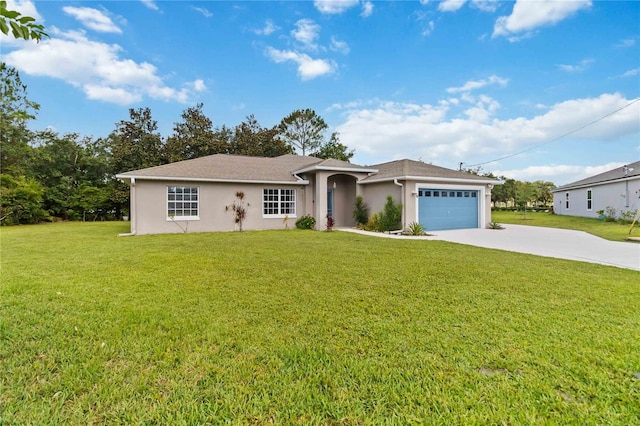 5 Bird Of Paradise Pl, Palm Coast, FL 32137 - ranch-style house with driveway, stucco siding, a garage, and a front yard