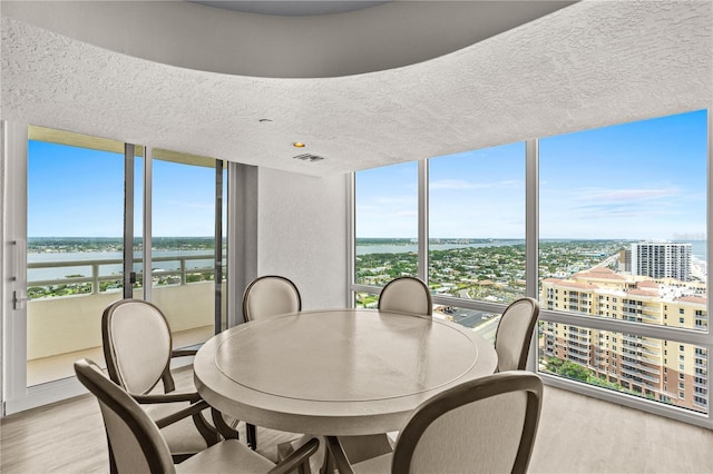 2545 S Atlantic Ave Unit 102, Daytona Beach Shores, FL 32118 - dining area with light wood finished floors, expansive windows, healthy amount of natural light, a water view, and a view of city