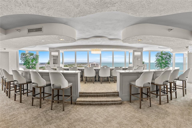 2545 S Atlantic Ave Unit 102, Daytona Beach Shores, FL 32118 - kitchen with light carpet, healthy amount of natural light, a breakfast bar area, a water view, and a textured ceiling