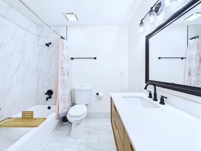 2526 Victory Palm Dr, Edgewater, FL 32141 - full bathroom featuring vanity, shower / bathtub combination with curtain, and marble finish flooring