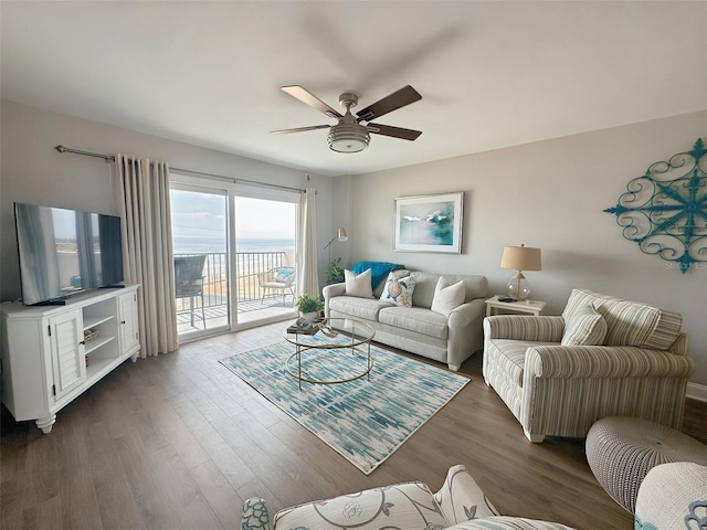 2860 Ocean Shore Blvd Unit 5020, Ormond Beach, FL 32176 - living area with a ceiling fan and dark wood finished floors