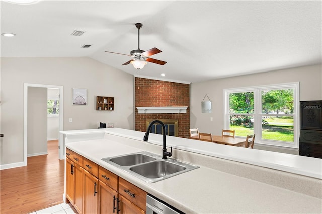 2455 Whooping Crane Dr, De Leon Springs, FL 32130 - kitchen featuring a ceiling fan, plenty of natural light, lofted ceiling, light countertops, and recessed lighting