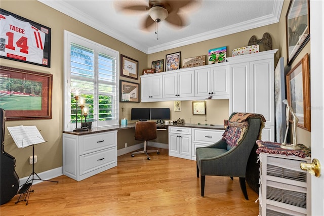801 Arbor Glen Ct, Ormond Beach, FL 32174 - office space featuring built in desk, a ceiling fan, light wood-style flooring, and ornamental molding
