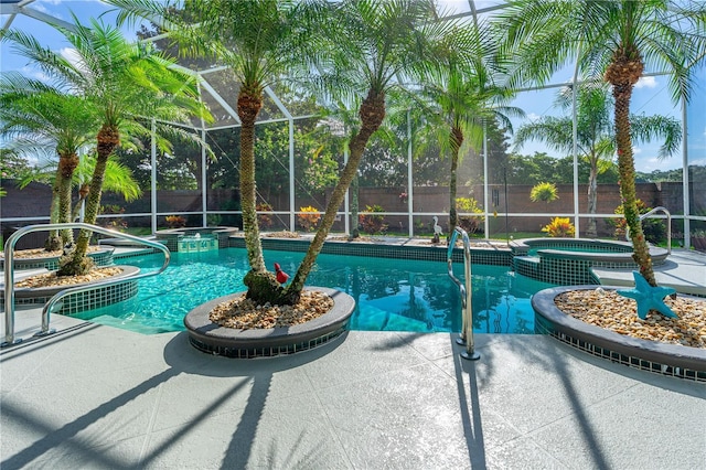 801 Arbor Glen Ct, Ormond Beach, FL 32174 - view of pool with a pool with connected hot tub, a fenced backyard, glass enclosure, and a patio area