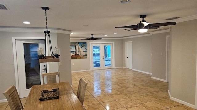 3510 Magnolia Way, Punta Gorda, FL 33950 - unfurnished dining area with a ceiling fan, ornamental molding, recessed lighting, french doors, and light tile patterned flooring