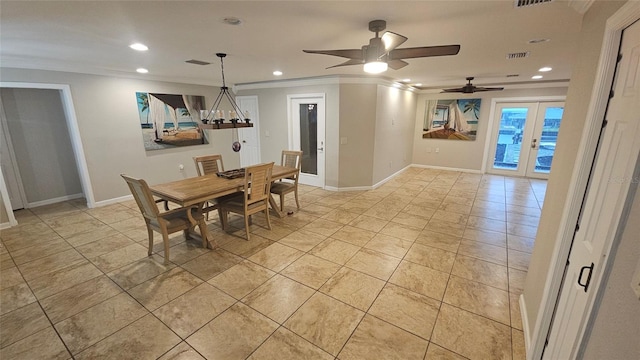 3510 Magnolia Way, Punta Gorda, FL 33950 - dining area with crown molding, french doors, recessed lighting, ceiling fan, and light tile patterned floors