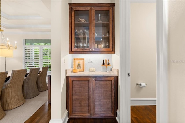 113 Neptune Ave, Ormond Beach, FL 32176 - indoor dry bar featuring dark wood-type flooring, crown molding, backsplash, and a raised ceiling