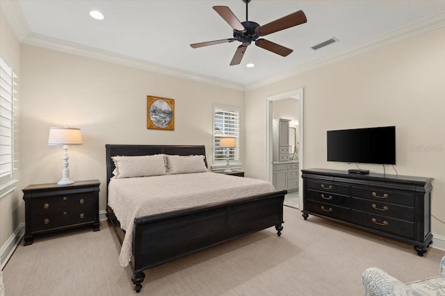 113 Neptune Ave, Ormond Beach, FL 32176 - bedroom with light colored carpet, ornamental molding, recessed lighting, ceiling fan, and connected bathroom