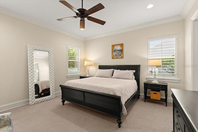 113 Neptune Ave, Ormond Beach, FL 32176 - bedroom featuring light colored carpet, ornamental molding, ceiling fan, and recessed lighting
