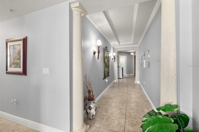 2901 S Atlantic Ave Unit 603, Daytona Beach Shores, FL 32118 - corridor featuring ornamental molding, light tile patterned floors, and decorative columns