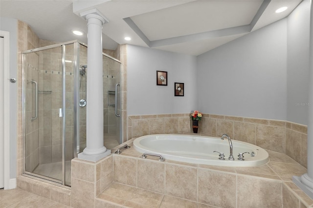 2901 S Atlantic Ave Unit 603, Daytona Beach Shores, FL 32118 - full bath featuring decorative columns, a bath, a shower stall, recessed lighting, and tile patterned flooring