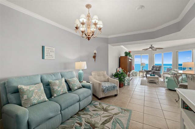 2901 S Atlantic Ave Unit 603, Daytona Beach Shores, FL 32118 - living room with light tile patterned floors, ornamental molding, a chandelier, and ceiling fan