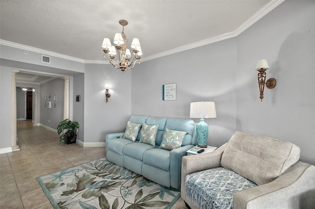 2901 S Atlantic Ave Unit 603, Daytona Beach Shores, FL 32118 - living room with ornamental molding, a chandelier, and tile patterned flooring