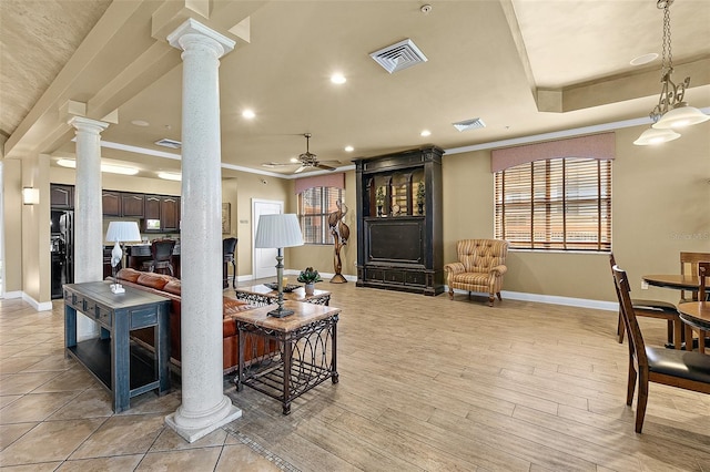 2901 S Atlantic Ave Unit 603, Daytona Beach Shores, FL 32118 - living area with ornate columns, ornamental molding, a ceiling fan, and recessed lighting
