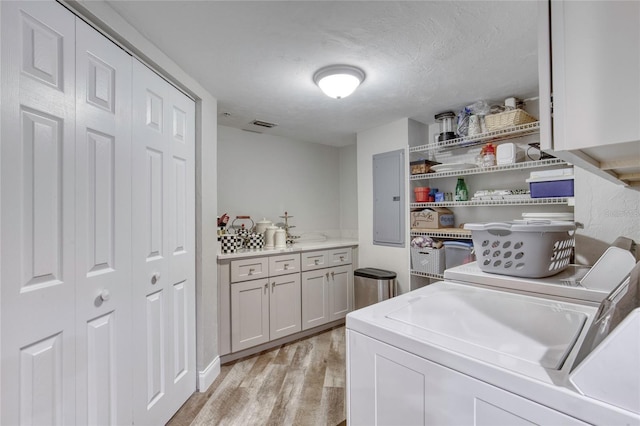 1 John Anderson Dr Unit 1030, Ormond Beach, FL 32176 - laundry room featuring washer and dryer, electric panel, light wood finished floors, cabinet space, and a textured ceiling