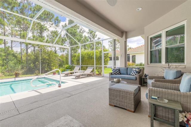 2816 E Venetian Lake Cir, New Smyrna Beach, FL 32168 - outdoor pool with a patio area, an outdoor hangout area, and a lanai