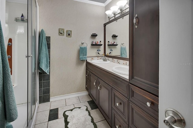 1366 Valhalla St, Deltona, FL 32725 - full bath featuring double vanity, crown molding, and a shower