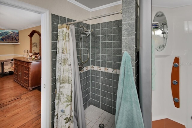 1366 Valhalla St, Deltona, FL 32725 - bathroom with a shower stall, ornamental molding, and wood finished floors