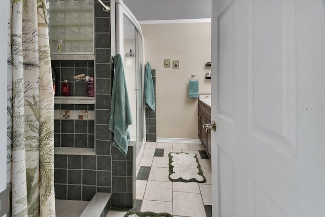 1366 Valhalla St, Deltona, FL 32725 - bathroom featuring a stall shower, vanity, ornamental molding, and tile patterned floors