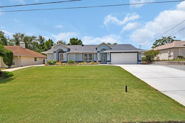 1366 Valhalla St, Deltona, FL 32725 - ranch-style house with an attached garage, driveway, stucco siding, and a front yard