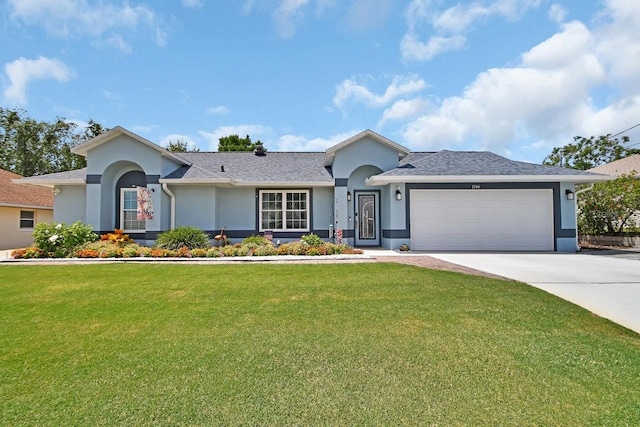 1366 Valhalla St, Deltona, FL 32725 - ranch-style home featuring stucco siding, an attached garage, driveway, a front yard, and a shingled roof