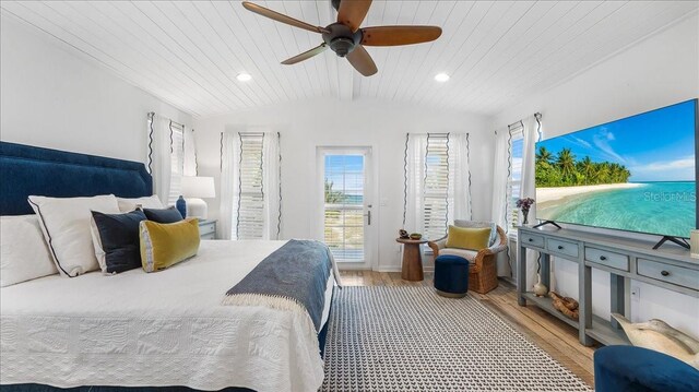 943 S Atlantic Ave, Cocoa Beach, FL 32931 - bedroom featuring light wood finished floors, a ceiling fan, wood ceiling, access to outside, and recessed lighting
