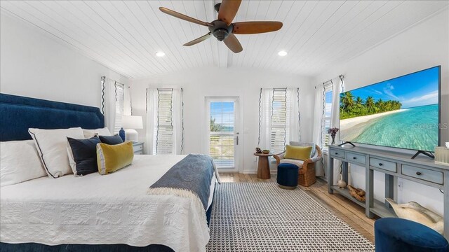 943 S Atlantic Ave, Cocoa Beach, FL 32931 - bedroom featuring light wood finished floors, access to exterior, wooden ceiling, a ceiling fan, and recessed lighting