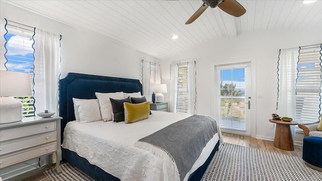 943 S Atlantic Ave, Cocoa Beach, FL 32931 - bedroom with wood finished floors, access to outside, wood ceiling, a ceiling fan, and recessed lighting