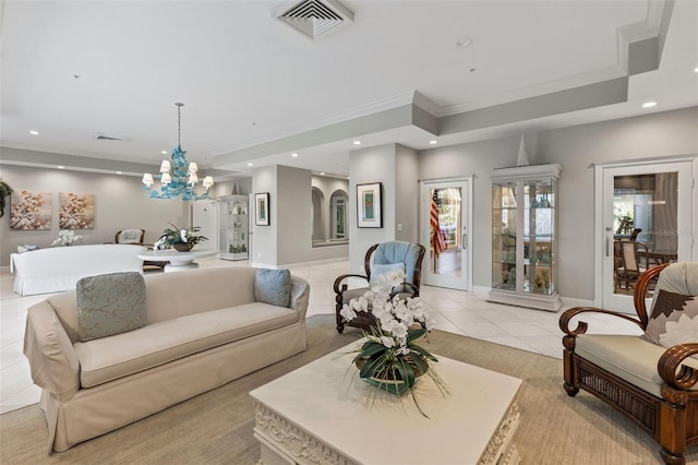 4 Oceans W Blvd Unit 308C, Daytona Beach, FL 32118 - living area featuring recessed lighting, ornamental molding, light tile patterned floors, and a chandelier