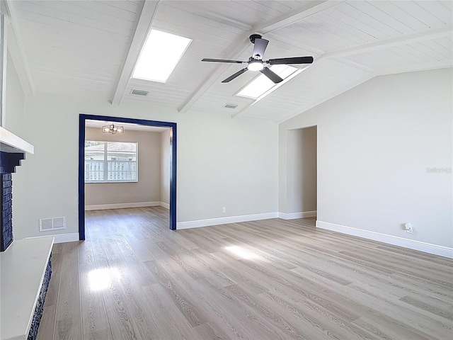 1019 Chippewa Trl, Daytona Beach, FL 32117 - unfurnished living room with light wood finished floors, ceiling fan, and a brick fireplace
