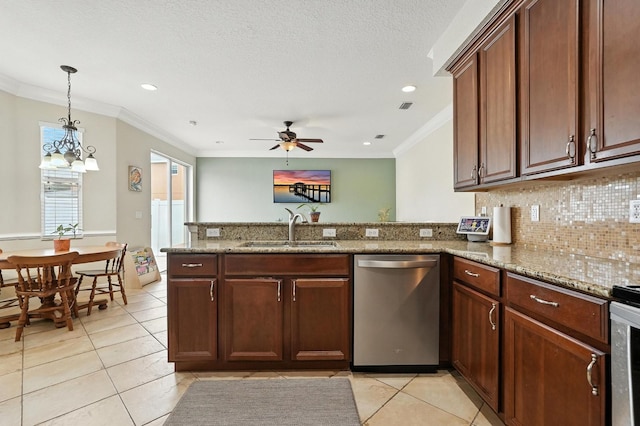 3842 Calliope Ave, Port Orange, FL 32129 - kitchen with stainless steel dishwasher, a peninsula, decorative backsplash, ornamental molding, and light tile patterned flooring
