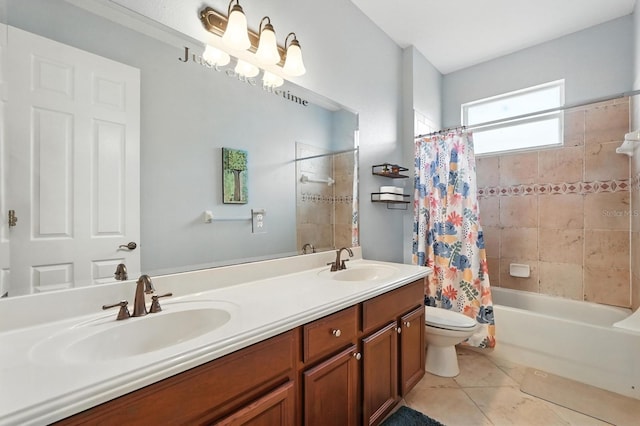3842 Calliope Ave, Port Orange, FL 32129 - bathroom featuring double vanity, tile patterned floors, and shower / bathtub combination with curtain