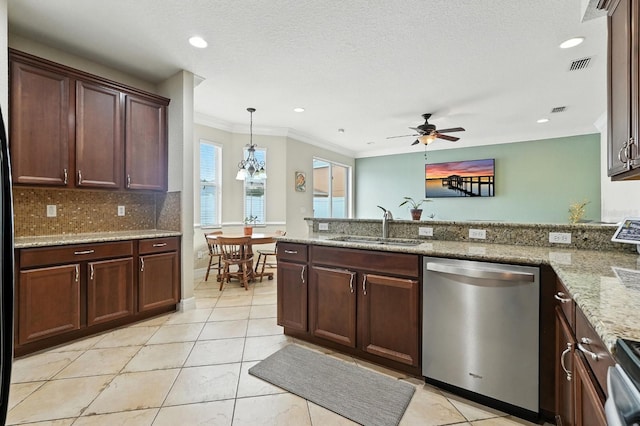 3842 Calliope Ave, Port Orange, FL 32129 - kitchen with dishwasher, ornamental molding, ceiling fan, light tile patterned floors, and light stone countertops