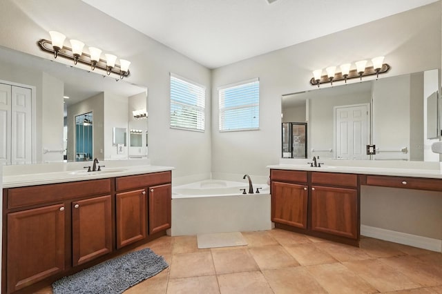 3842 Calliope Ave, Port Orange, FL 32129 - bathroom with a garden tub, two vanities, tile patterned flooring, and an enclosed shower