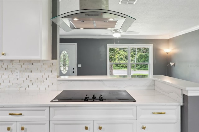 330 Ponce Deleon Blvd, De Leon Springs, FL 32130 - kitchen featuring exhaust hood, ornamental molding, backsplash, black electric cooktop, and white cabinets