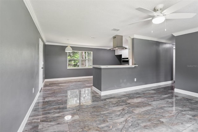 330 Ponce Deleon Blvd, De Leon Springs, FL 32130 - unfurnished living room featuring marble tiled floors, ceiling fan, and crown molding
