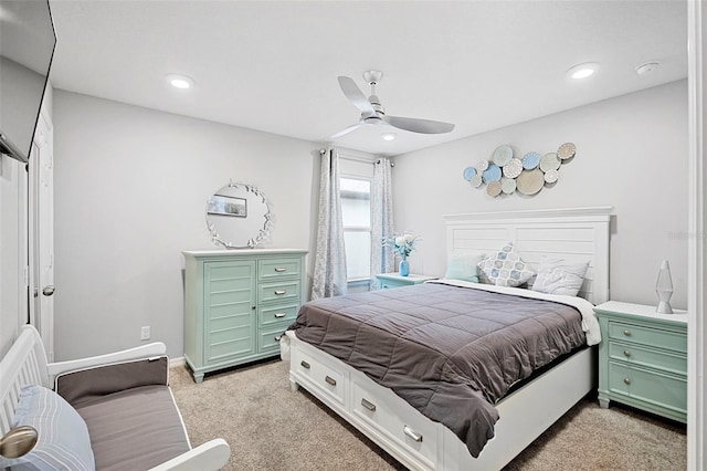 2807 Priego Blvd, Kissimmee, FL 34744 - bedroom with light colored carpet, ceiling fan, and recessed lighting