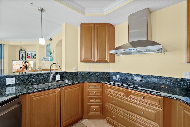 3343 S Atlantic Ave Unit 601, Daytona Beach Shores, FL 32118 - kitchen with wall chimney exhaust hood, dishwasher, black electric stovetop, ornamental molding, and brown cabinets