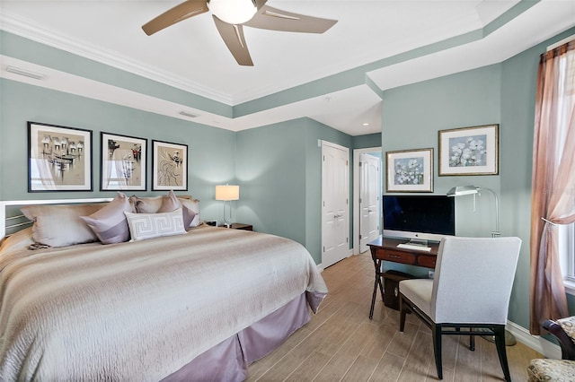 3343 S Atlantic Ave Unit 601, Daytona Beach Shores, FL 32118 - bedroom with ornamental molding, light wood-style flooring, ceiling fan, and recessed lighting