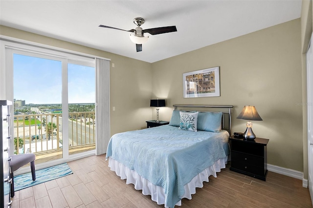 3343 S Atlantic Ave Unit 601, Daytona Beach Shores, FL 32118 - bedroom featuring access to exterior, wood finished floors, and ceiling fan