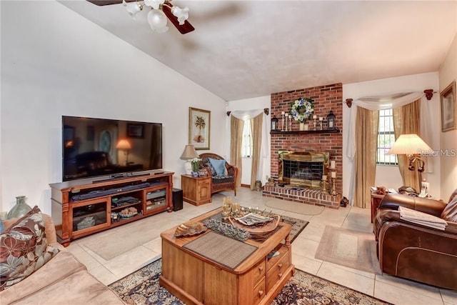 2345 Tomoka Farms Rd, Port Orange, FL 32128 - tiled living area with ceiling fan, vaulted ceiling, and a brick fireplace