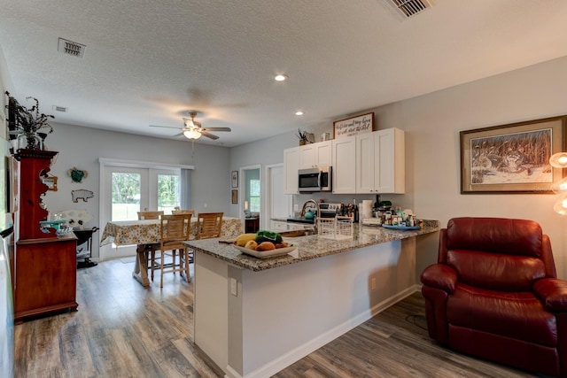 5005 Joseph St, Hastings, FL 32145 - kitchen with a ceiling fan, stainless steel appliances, a peninsula, dark wood finished floors, and white cabinetry