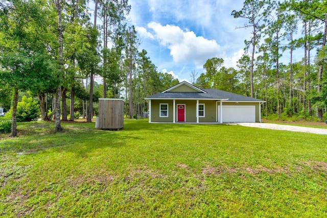 5005 Joseph St, Hastings, FL 32145 - view of front of property featuring an attached garage, covered porch, a storage shed, concrete driveway, and a front lawn