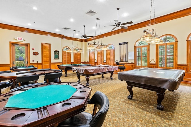 1636 Areca Palm Dr, Port Orange, FL 32128 - game room featuring ornamental molding, billiards, a wainscoted wall, carpet flooring, and healthy amount of natural light