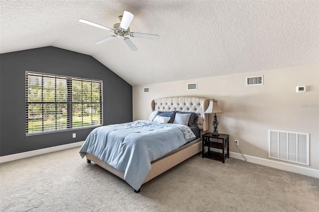 6710 Merryvale Ln, Port Orange, FL 32128 - carpeted bedroom featuring a textured ceiling, lofted ceiling, and ceiling fan