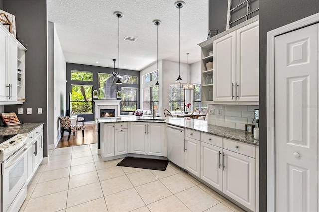 6710 Merryvale Ln, Port Orange, FL 32128 - kitchen featuring open shelves, white appliances, a peninsula, a lit fireplace, and white cabinetry
