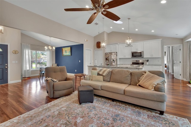 1522 E Silver Hammock, Deland, FL 32720 - living area with lofted ceiling, dark wood-style flooring, a chandelier, recessed lighting, and ceiling fan