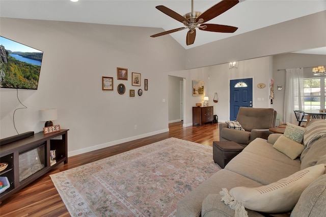 1522 E Silver Hammock, Deland, FL 32720 - living room featuring wood finished floors, a ceiling fan, and high vaulted ceiling